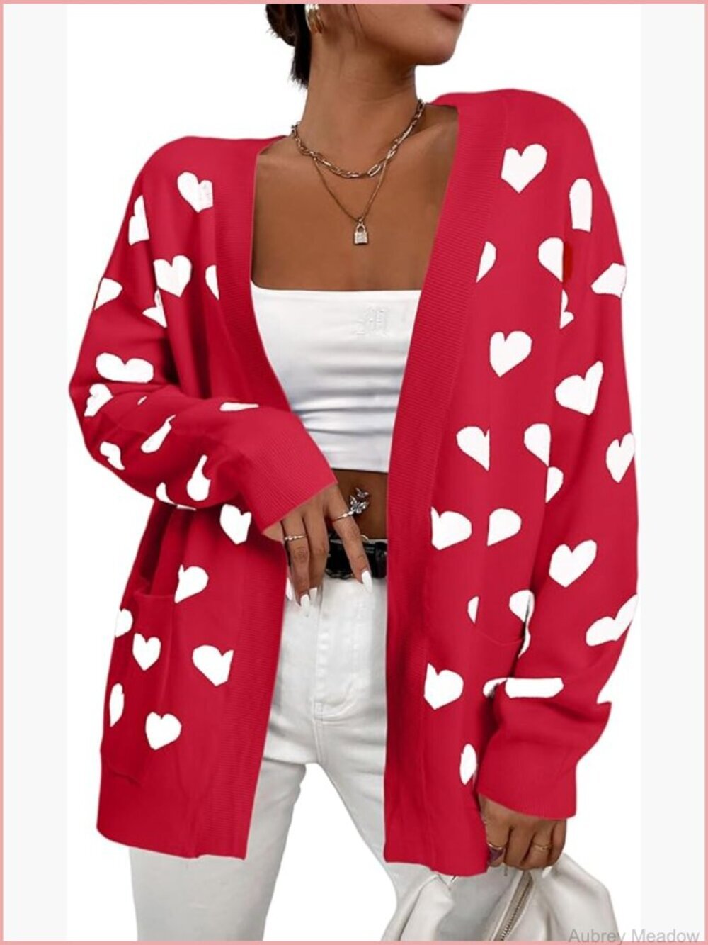 Heart Cardigan Open Front Knit Sweater with Pockets